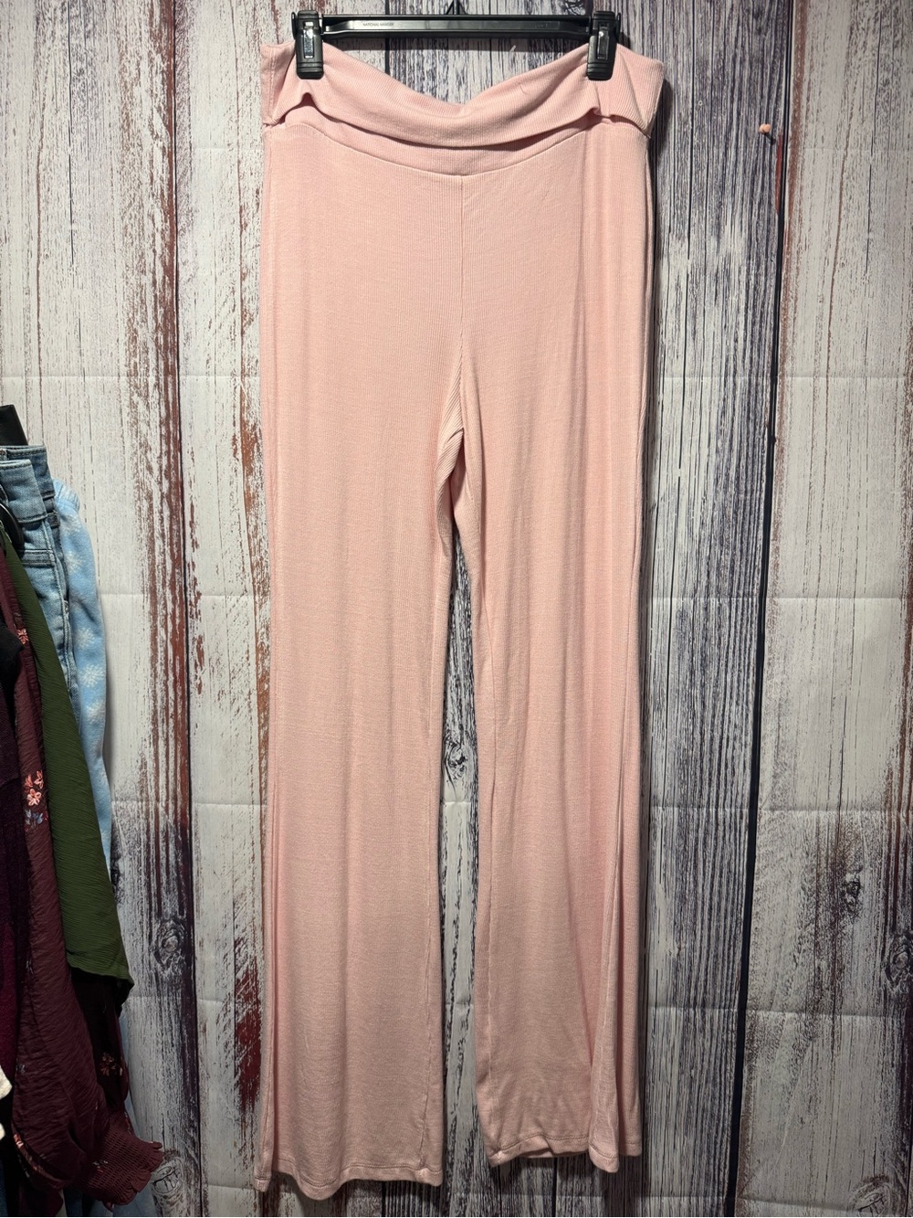 Light Pink Wide-Leg Knit Pants with Fold-Over Waist